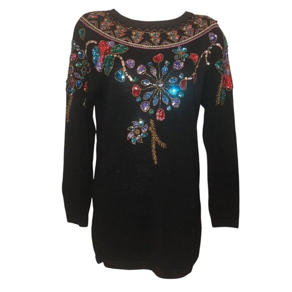 Vintage SML Sport LTD Sz S Women’s '92 Black Sequin Beads Christmas Knit Sweater - Picture 1 of 7